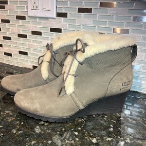 UGG Jeovana Women's 9.5 Gray Shearling Ankle Wedge Heel Boots